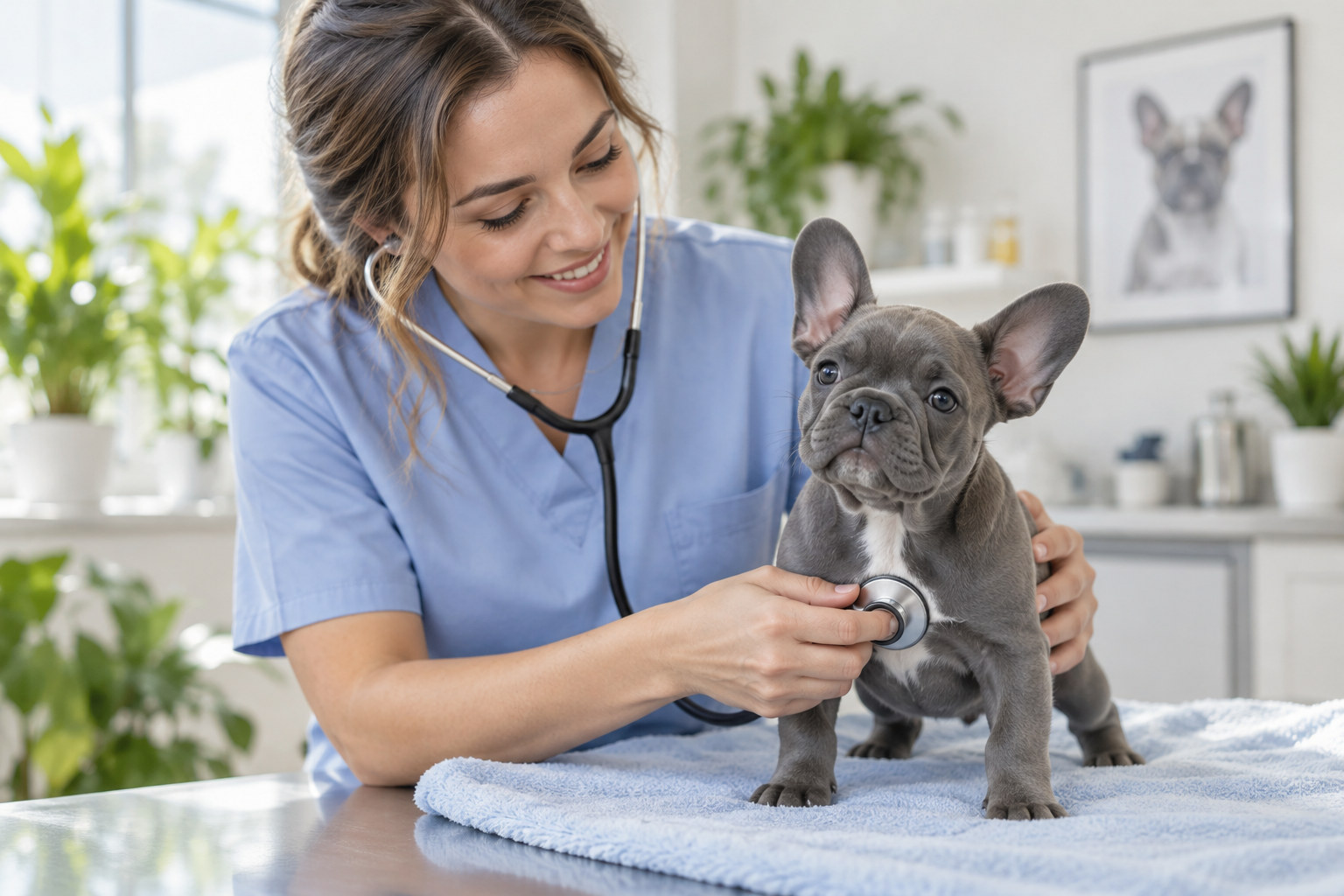 Ветеринар осматривает щенка французского бульдога
